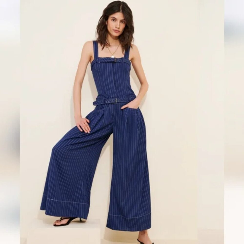 FREE PEOPLE Flores Jumpsuit CUTE Pinstripe Navy Soft Wide Leg Vintage Overalls S